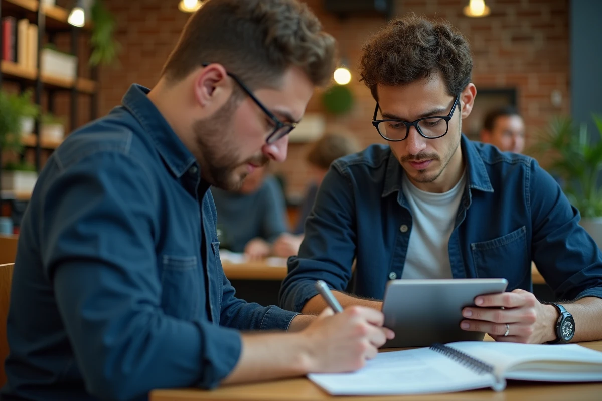 Jeune homme consultant des offres d'emploi sur une tablette dans un espace de coworking moderne