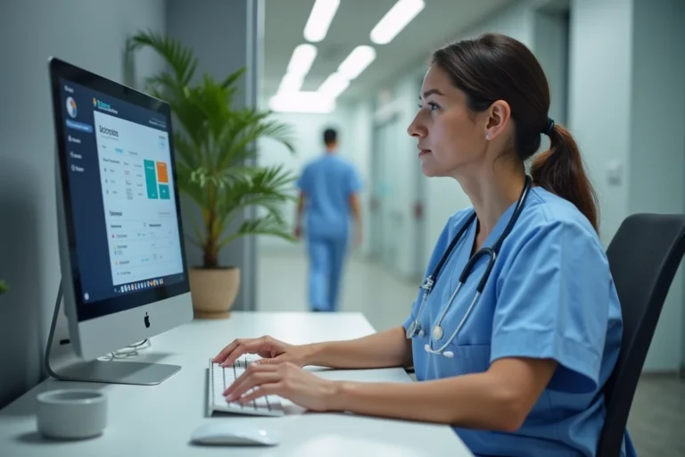 Infirmière connectée à un portail de soins en ligne sur un ordinateur de bureau dans un bureau hospitalier moderne
