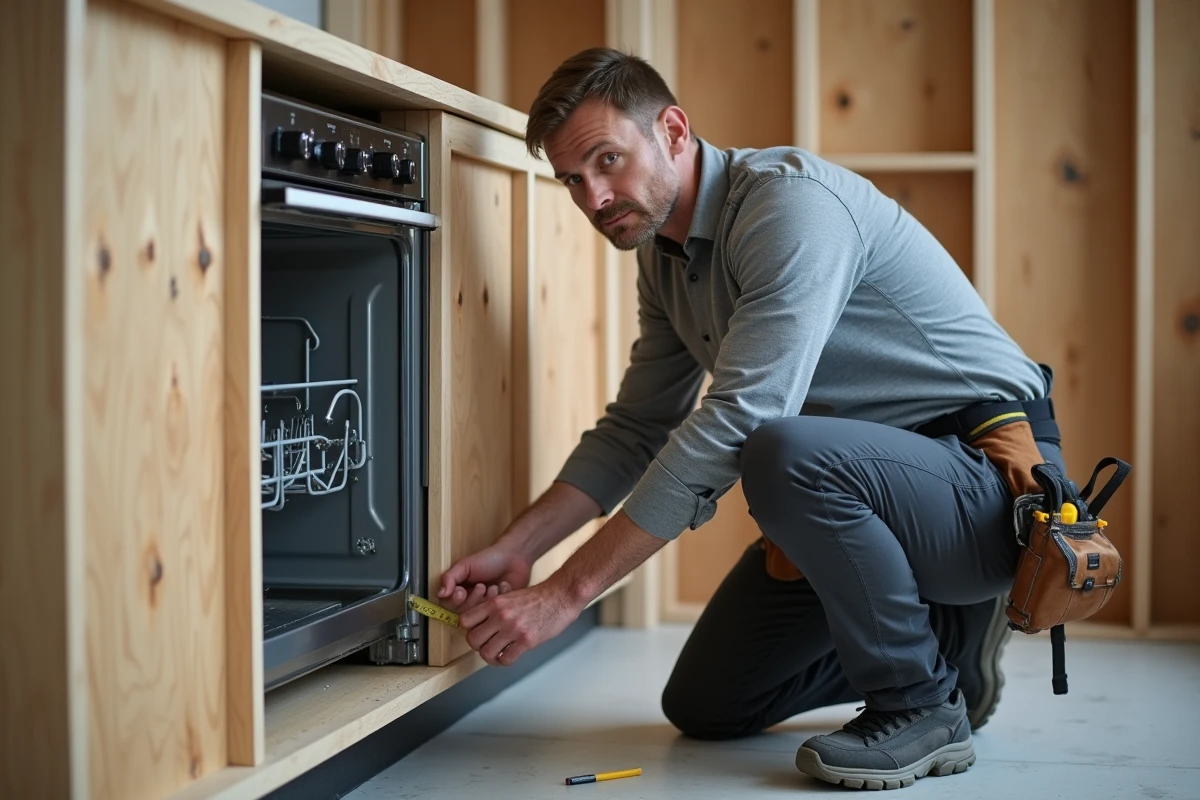 Installateur mesurant l'espace entre un lave-vaisselle et un four lors d'une rénovation de cuisine en cours