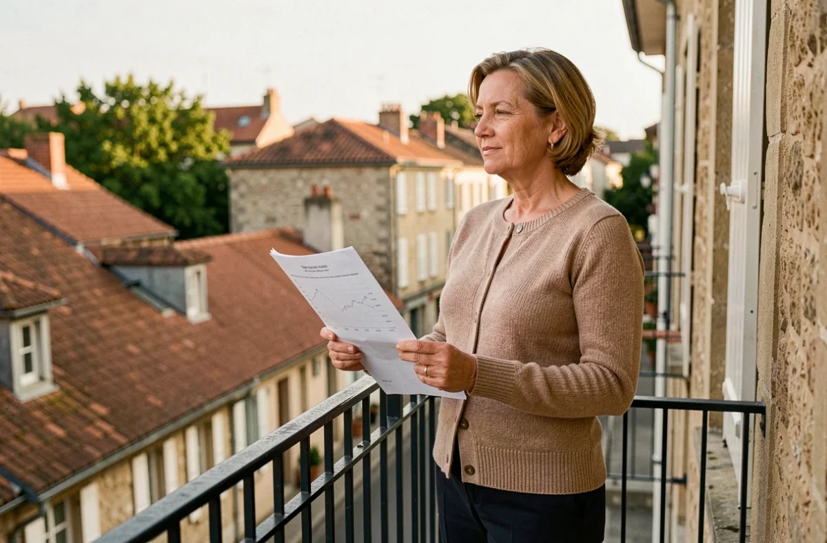 Femme investisseuse immobilière sur un balcon avec vue sur les toits d'une ville française, tenant un bilan financier