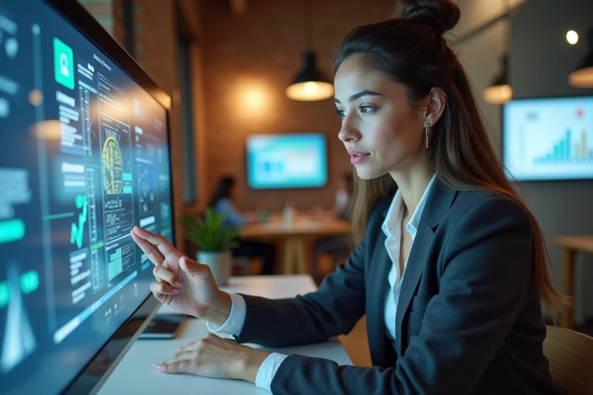 Jeune femme entrepreneure utilisant un écran tactile dans un espace coworking