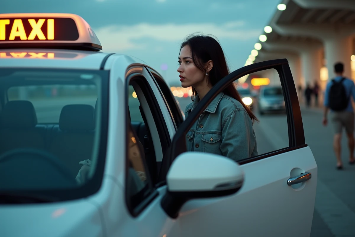 Jeune femme ouvrant la porte d un taxi blanc au crépuscule