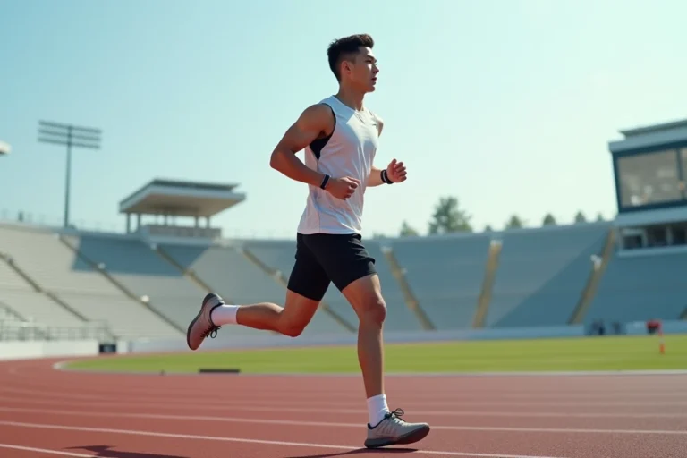 Jeune homme en course sur piste synthétique avec montre connectée