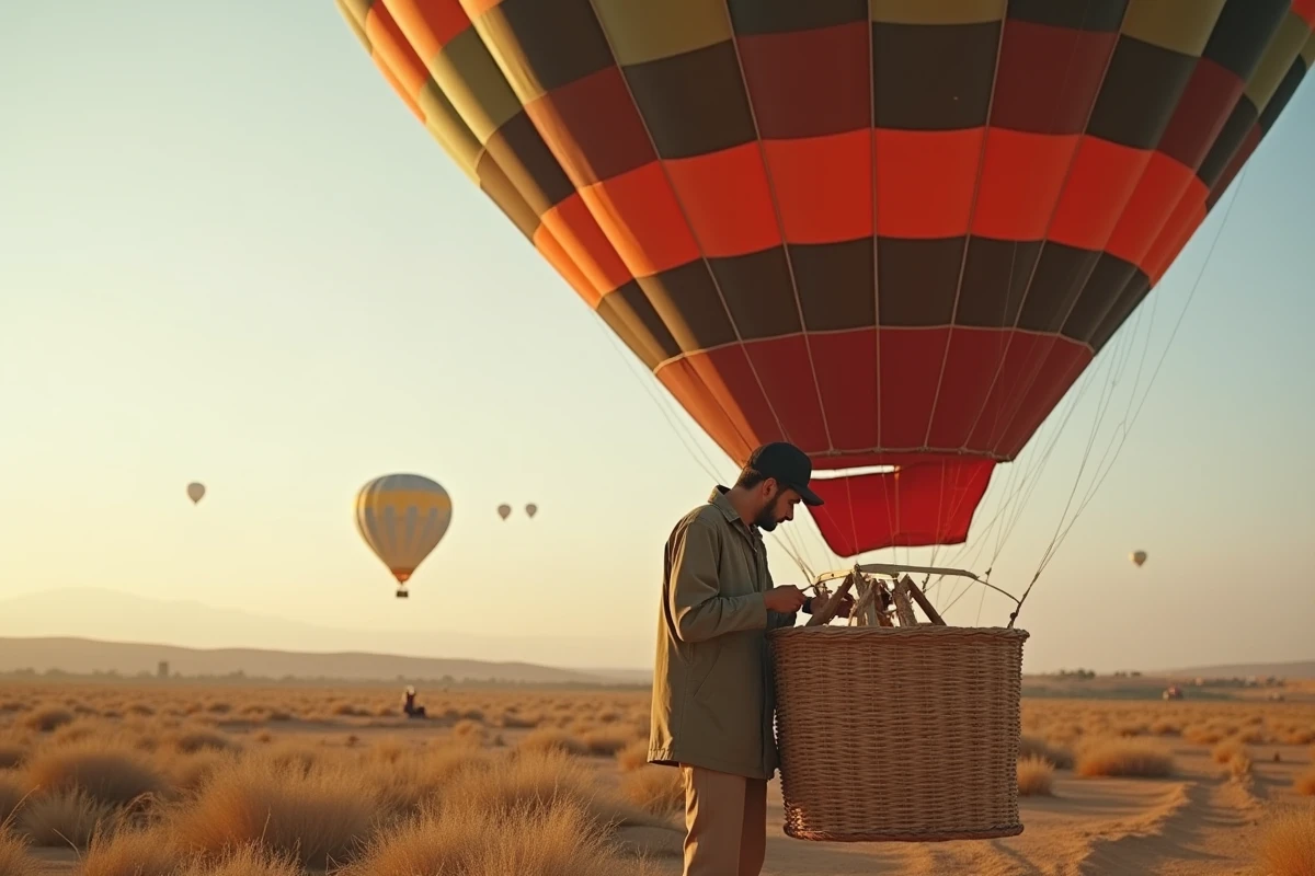Jeune pilote tunisien préparant un grand ballon dans un paysage historique