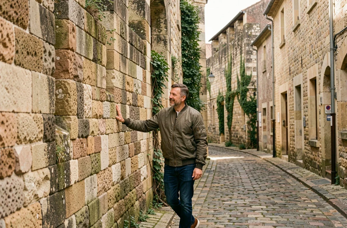 Un homme longe les remparts gallo-romains de la Cité Plantagenêt au Mans, touchant les pierres anciennes d'un mur médiéval remarquablement conservé