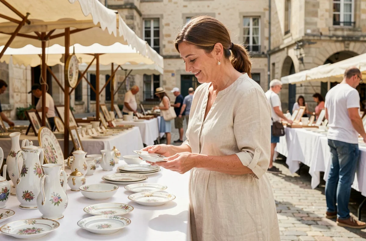 Une femme examine de la porcelaine de Limoges lors d'une brocante en plein air, mettant en valeur l'artisanat local de la ville