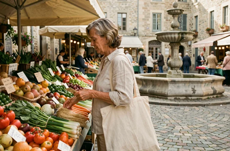 Femme faisant ses courses au marché d'une ville française à faible coût de la vie
