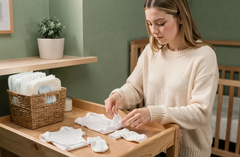 Jeune mère qui plie des vêtements de bébé sur une table à langer en bois dans une chambre de bébé décorée en vert sauge
