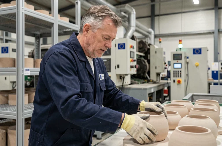 Ouvrier européen inspectant un produit fabriqué dans une usine avec label made in EEC