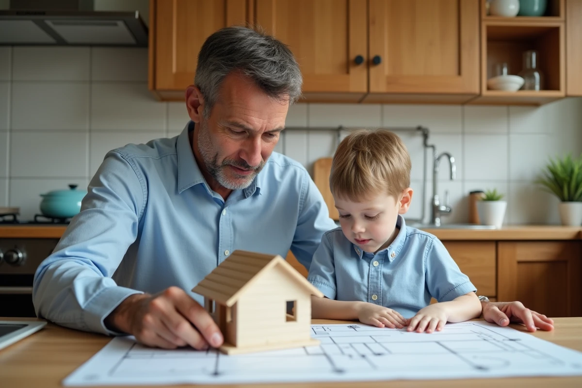 Père et enfant regardant un plan de maison dans la cuisine