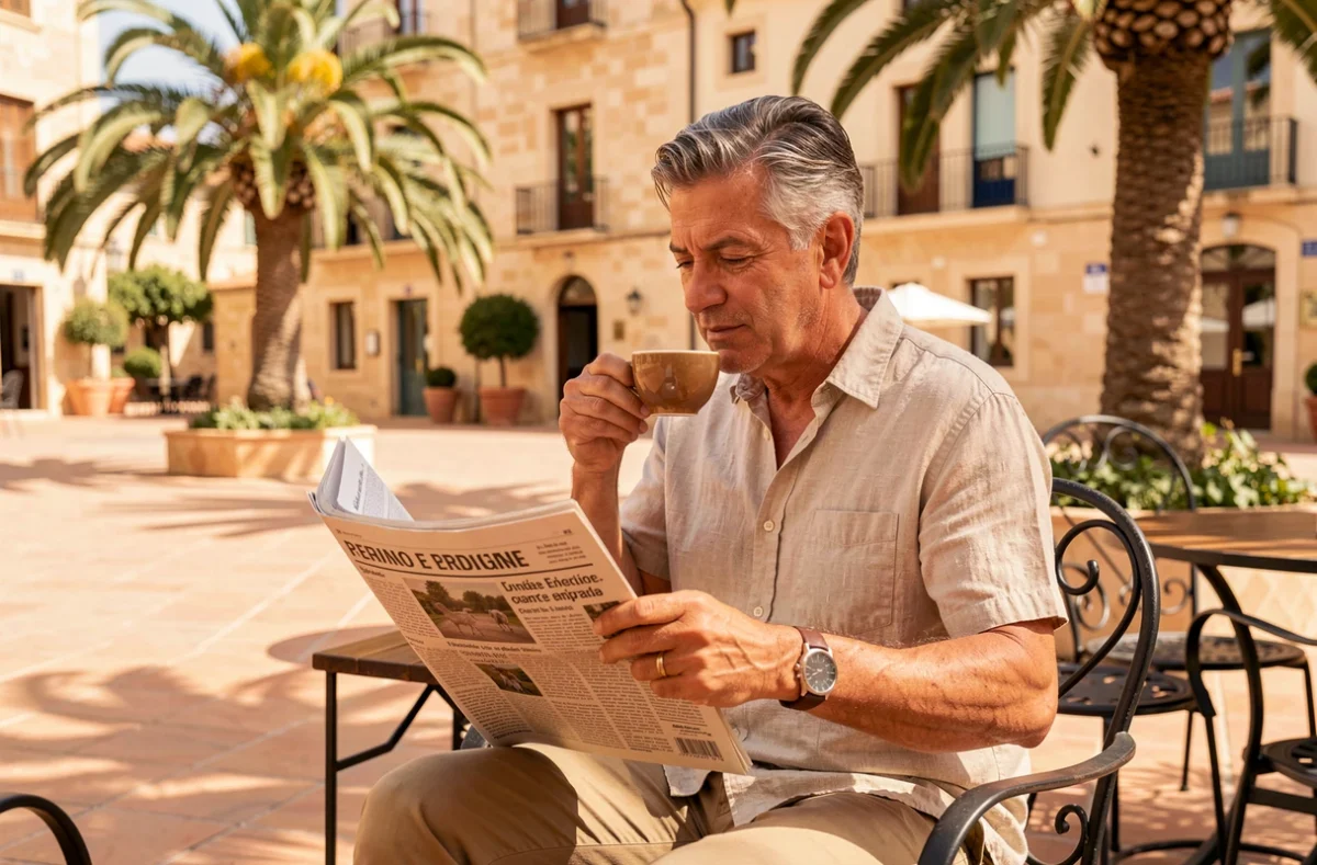 Un homme déguste un café en terrasse sur une place ensoleillée de Perpignan, entourée d'architecture catalane et de palmiers méditerranéens