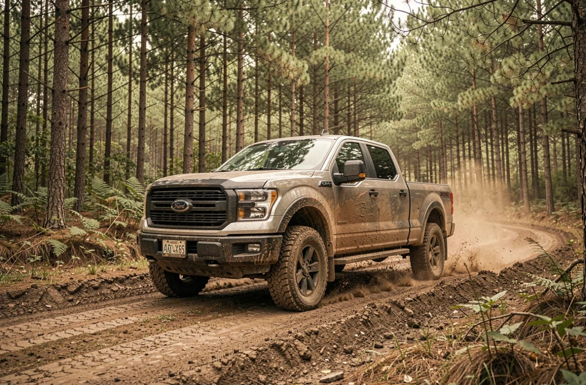 Pick-up JB Motor tout-terrain roulant sur sentier forestier boueux dans une forêt de pins