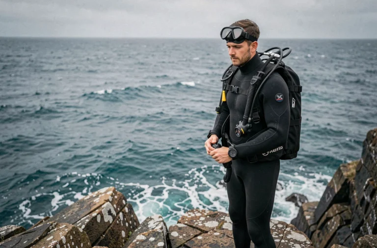 Plongeur en combinaison noire équipé de matériel de scaphandre autonome au bord d'une falaise rocheuse avant de plonger en mer