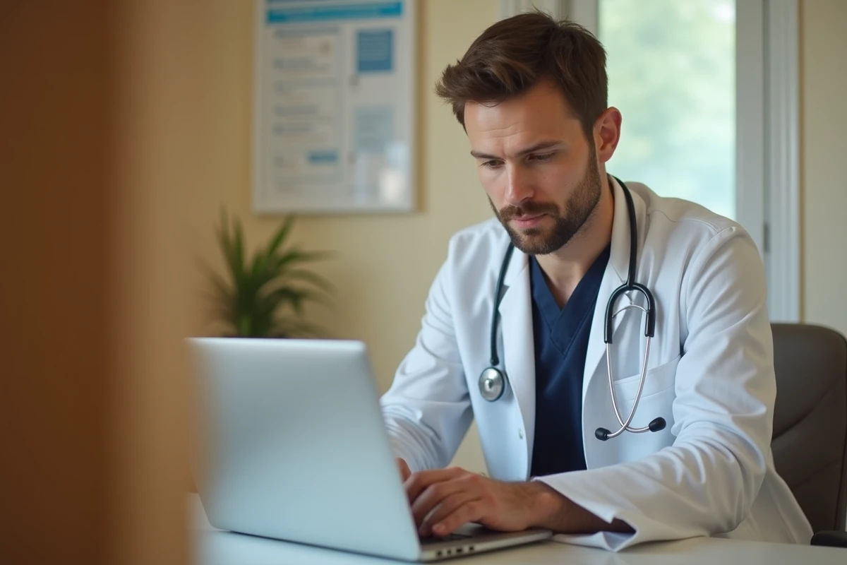 Professionnel de santé masculin utilisant un ordinateur portable pour se connecter à C Netsoins dans une salle de consultation