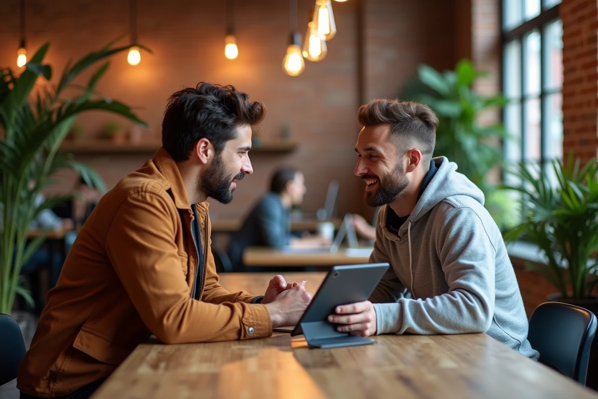 Deux jeunes professionnels discutant d'un cadre d'innovation disruptive et de rupture sur une tablette dans un espace de coworking