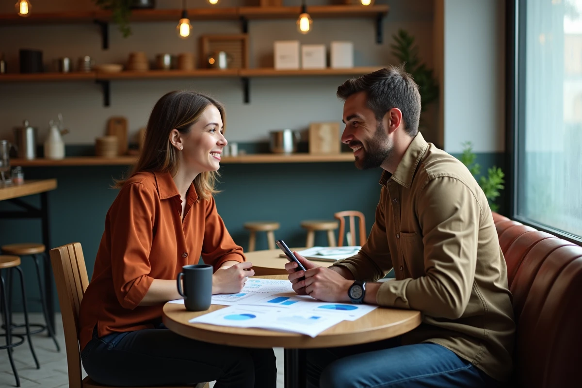 Deux entrepreneurs discutant d'un plan de développement de business en ligne dans un café urbain