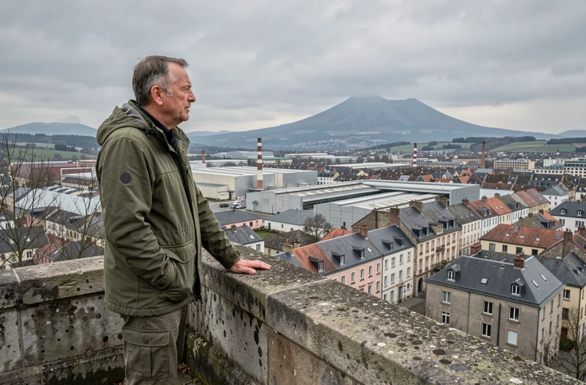 Un homme observe le panorama urbain de Saint-Étienne depuis un belvédère, avec les collines et les toits de la ville en arrière-plan
