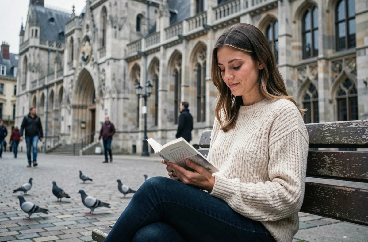 Une femme lit un livre sur la place de l'Hôtel-de-Ville de Saint-Quentin, avec la façade gothique-flamande en arrière-plan
