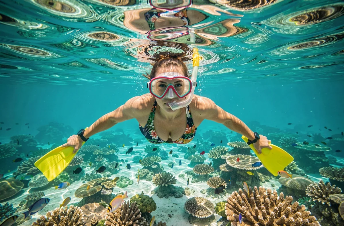 Femme en train de faire du snorkeling au-dessus d'un récif corallien coloré dans une eau turquoise et transparente