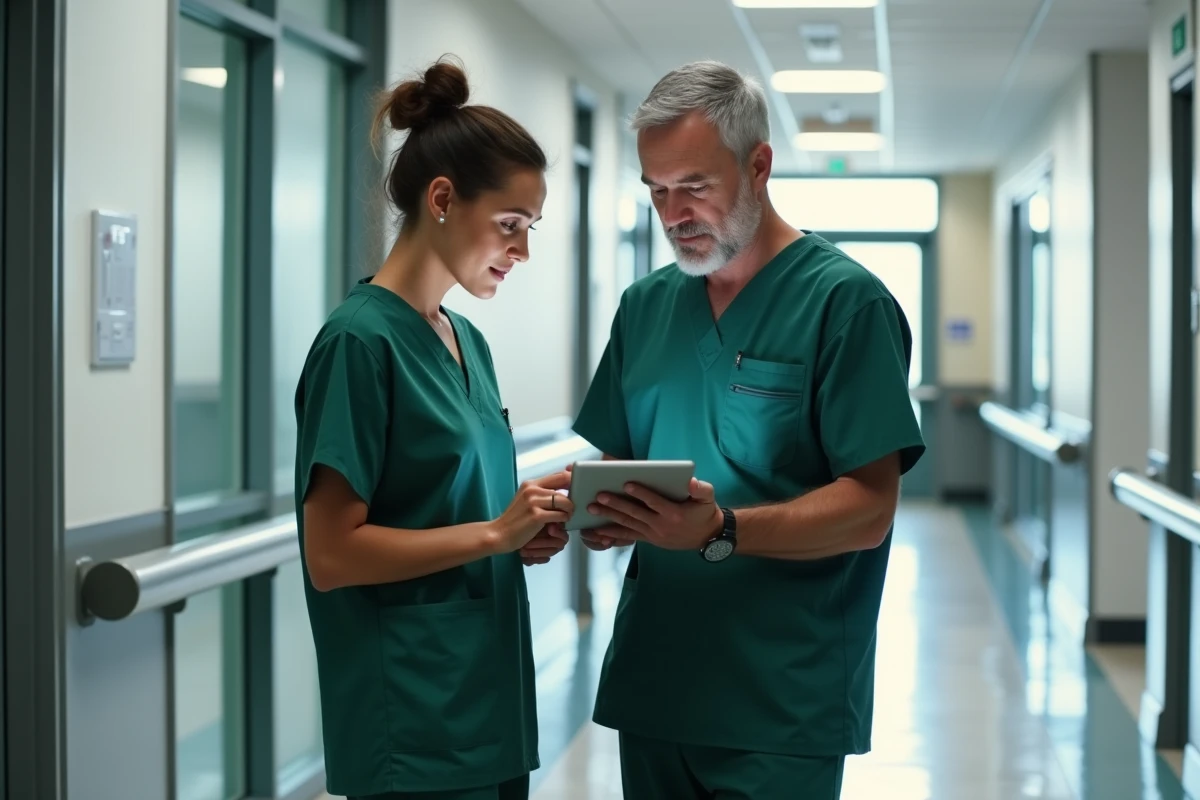 Deux soignants consultant ensemble une interface numérique de coordination des soins sur tablette dans un couloir d'EHPAD