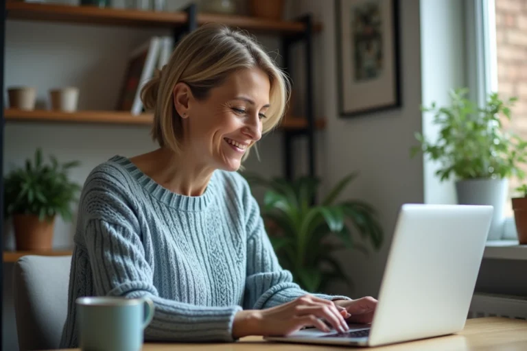 Femme consultant son espace client Damart sur un ordinateur portable pour suivre une commande en ligne