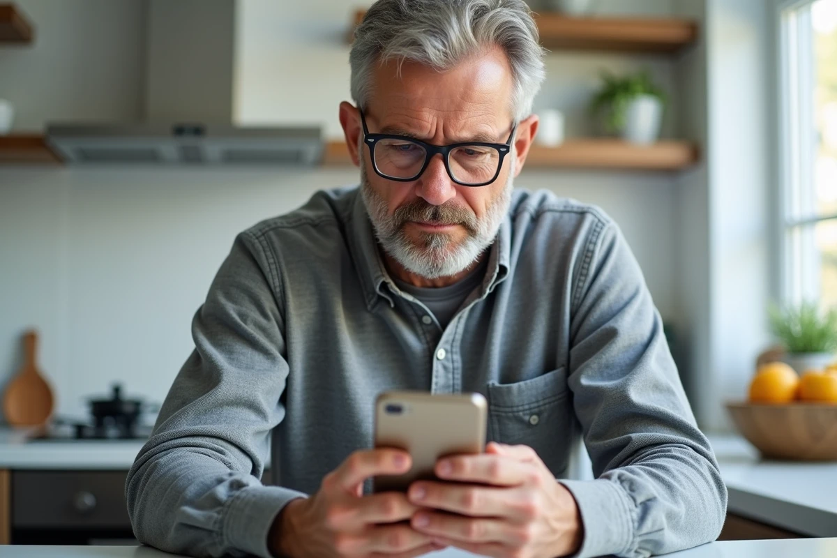 Homme d'âge mûr suivant sa commande Damart sur smartphone dans une cuisine moderne