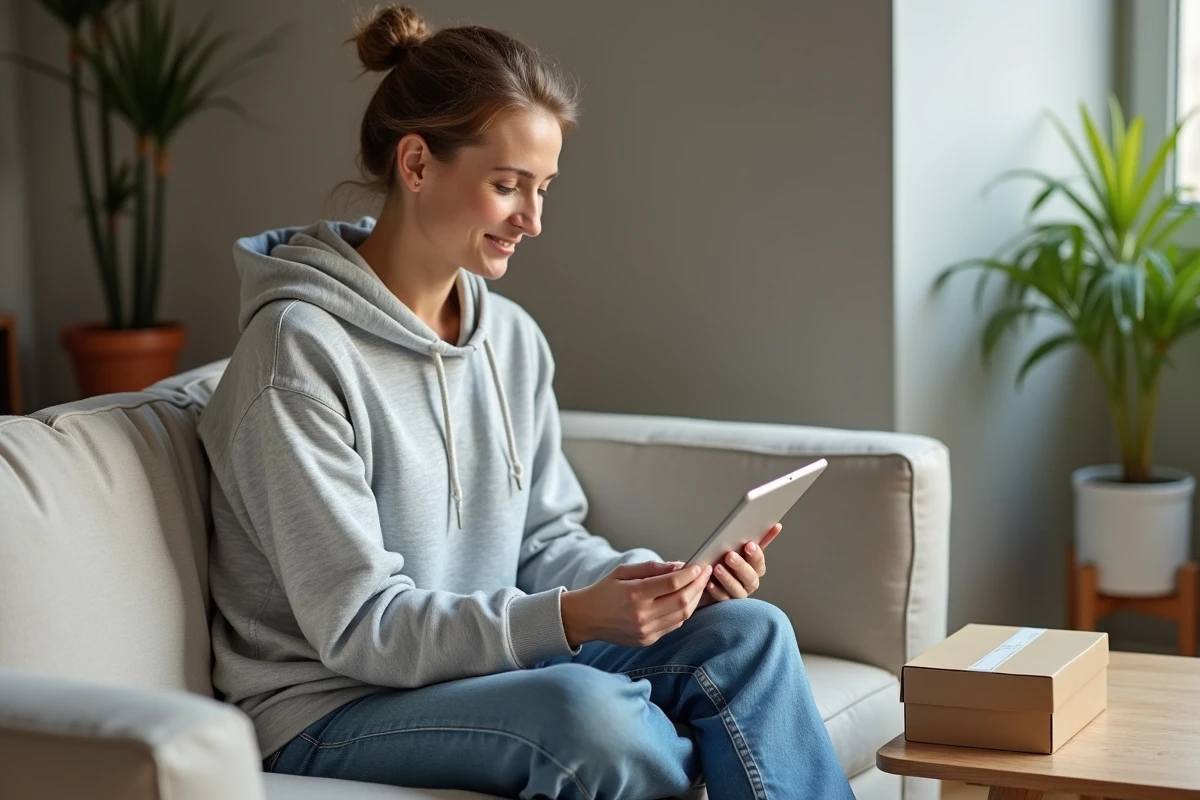 Femme vérifiant la confirmation de suivi de commande Damart sur une tablette depuis son salon