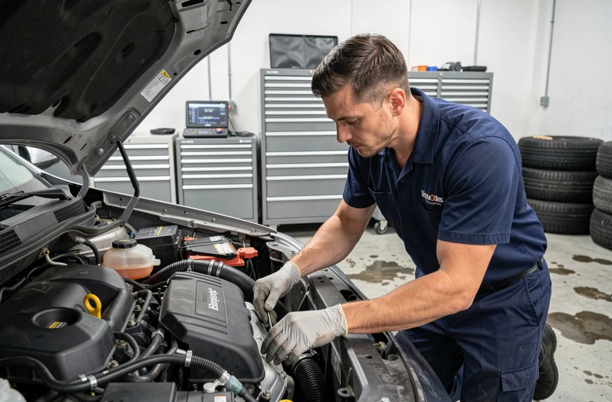 Technicien JB Motor inspectant le moteur d'un SUV dans un atelier automobile professionnel