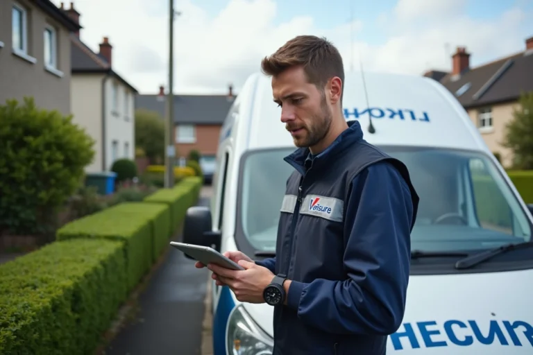 Technicien Verisure en uniforme debout devant un véhicule de service blanc dans une rue résidentielle, consultant une tablette numérique