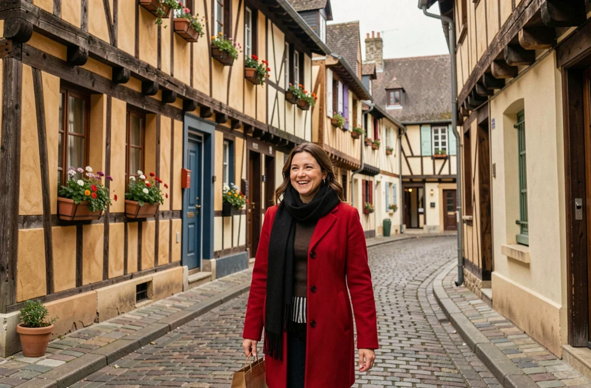 Une femme se promène dans les ruelles médiévales à colombages du vieux Troyes, avec ses maisons pittoresques aux façades colorées